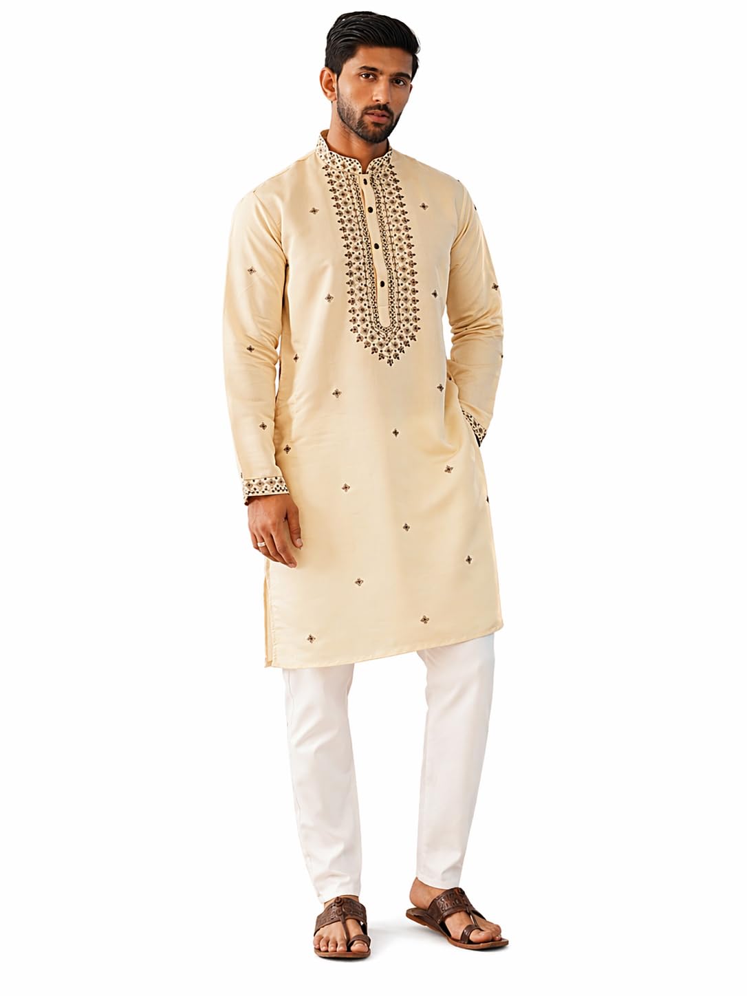 Maple Clothing Embroidered Kurta for Men Silk Blend Designer Neck Sequin Indian Wedding Ethnic Outfit