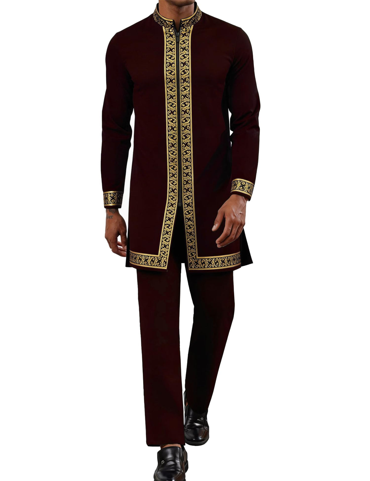 Mens African 2 Piece Set Nigerian Dashiki Shirt and Pants Outfit Gold Metallic Traditional Suit for Wedding Party Vacation