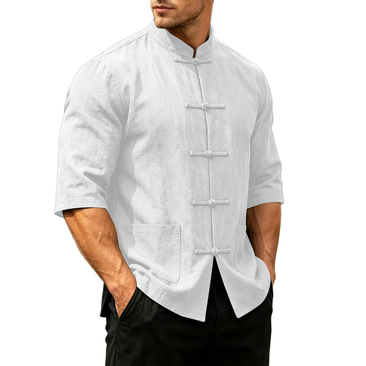 Mens Cotton Linen Kung Fu Shirt Traditional Chinese Tang Suit Vintage 3/4 Sleeve Frog Buttons Lightweight Jacket