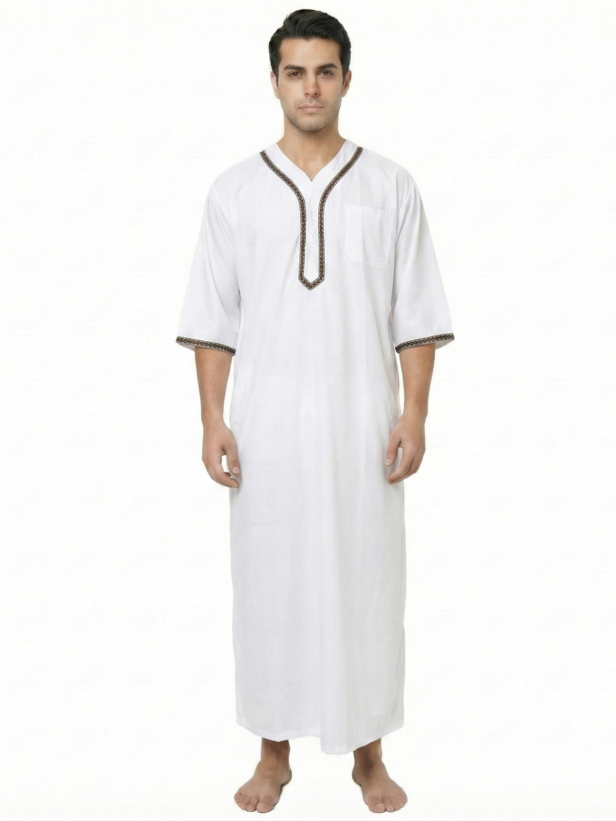 Mens Kaftan Thobe V-Neck Half Sleeve Muslim Robe Dubai Long Gown Saudi Arab Thobe Robes for Summer Beach
