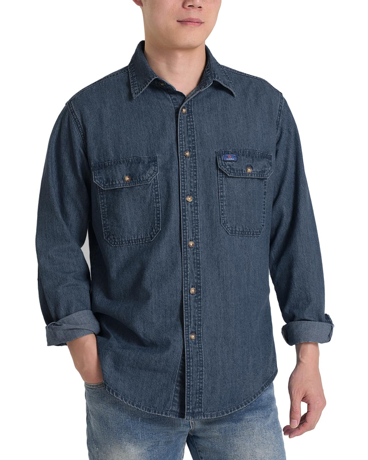 HISEA Mens Long Sleeve Denim Shirt, Button Down Jean Work Shirt Regular Fit