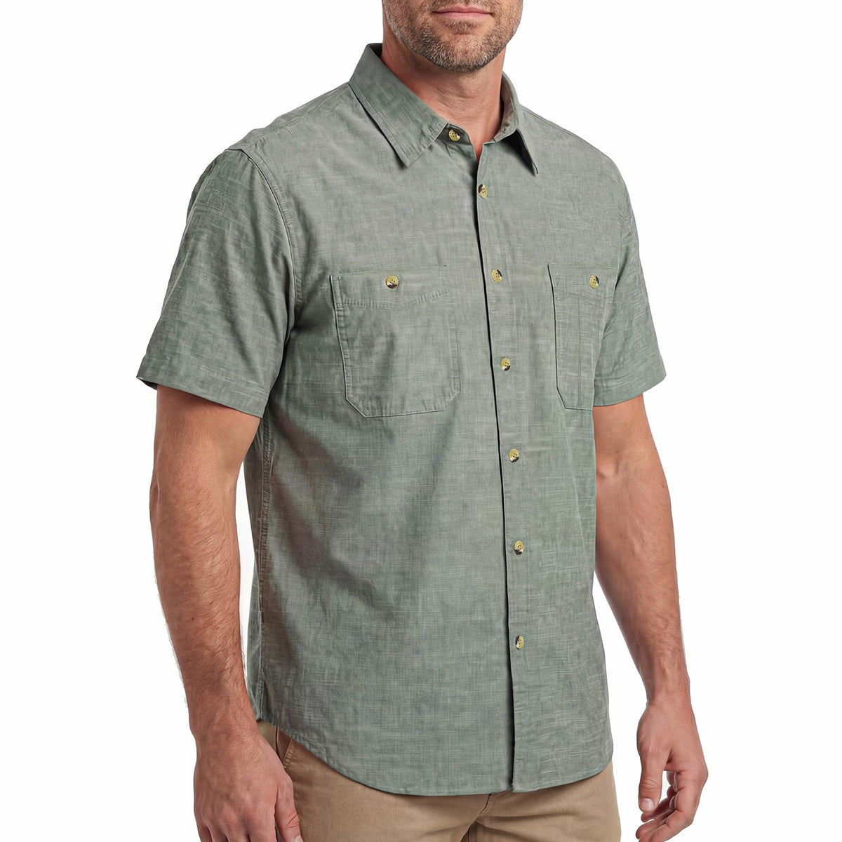 HISEA Men's Short Sleeve Chambray Shirt, Button Down Regular Fit Shirt