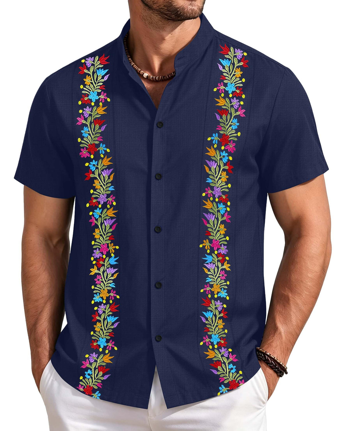 Mexican Shirts for Men Guayabera Tshirt Floral Embroidered Button Down