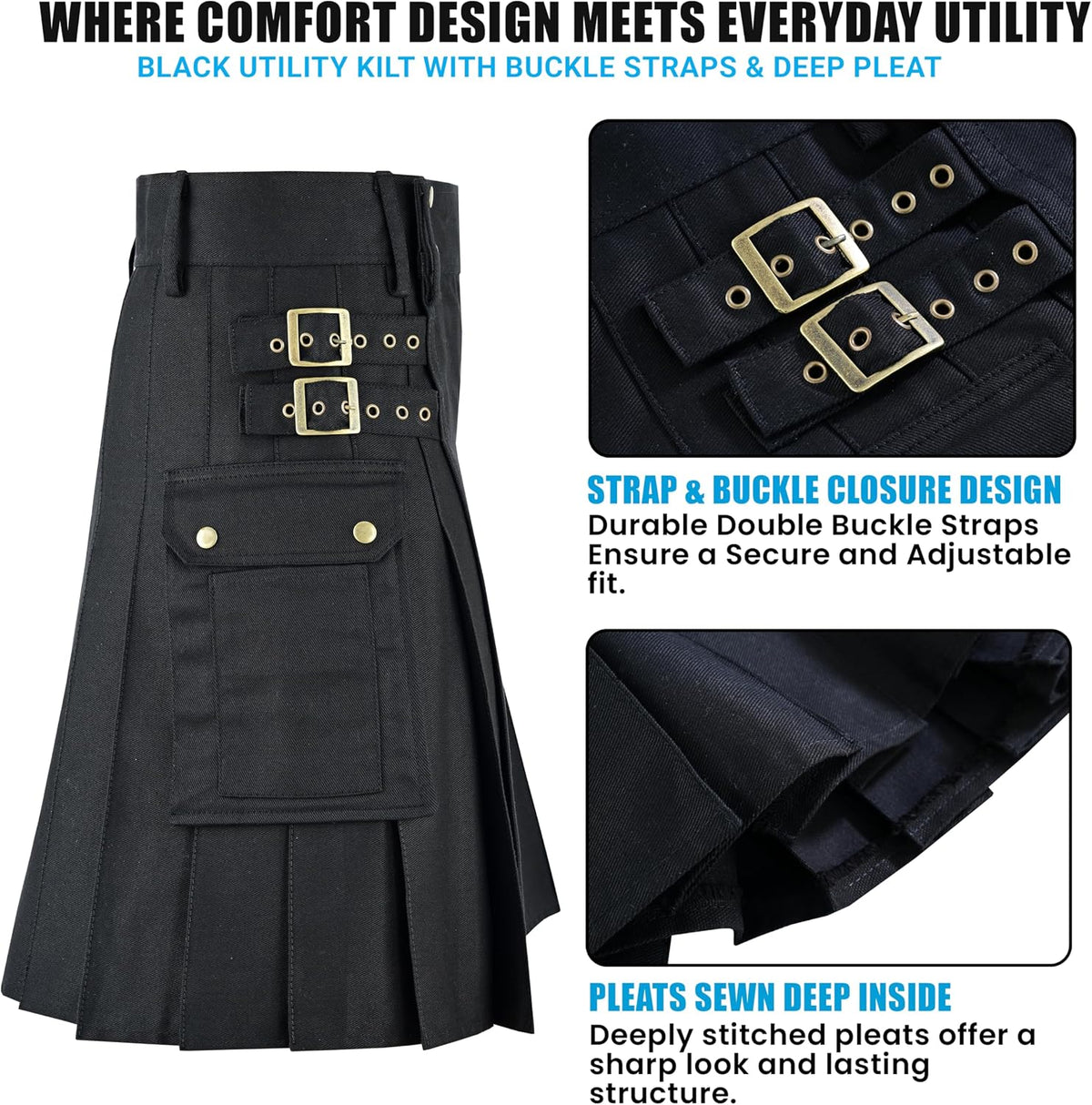 Black Utility Kilt for Mens Traditional Scottish Highland Cotton