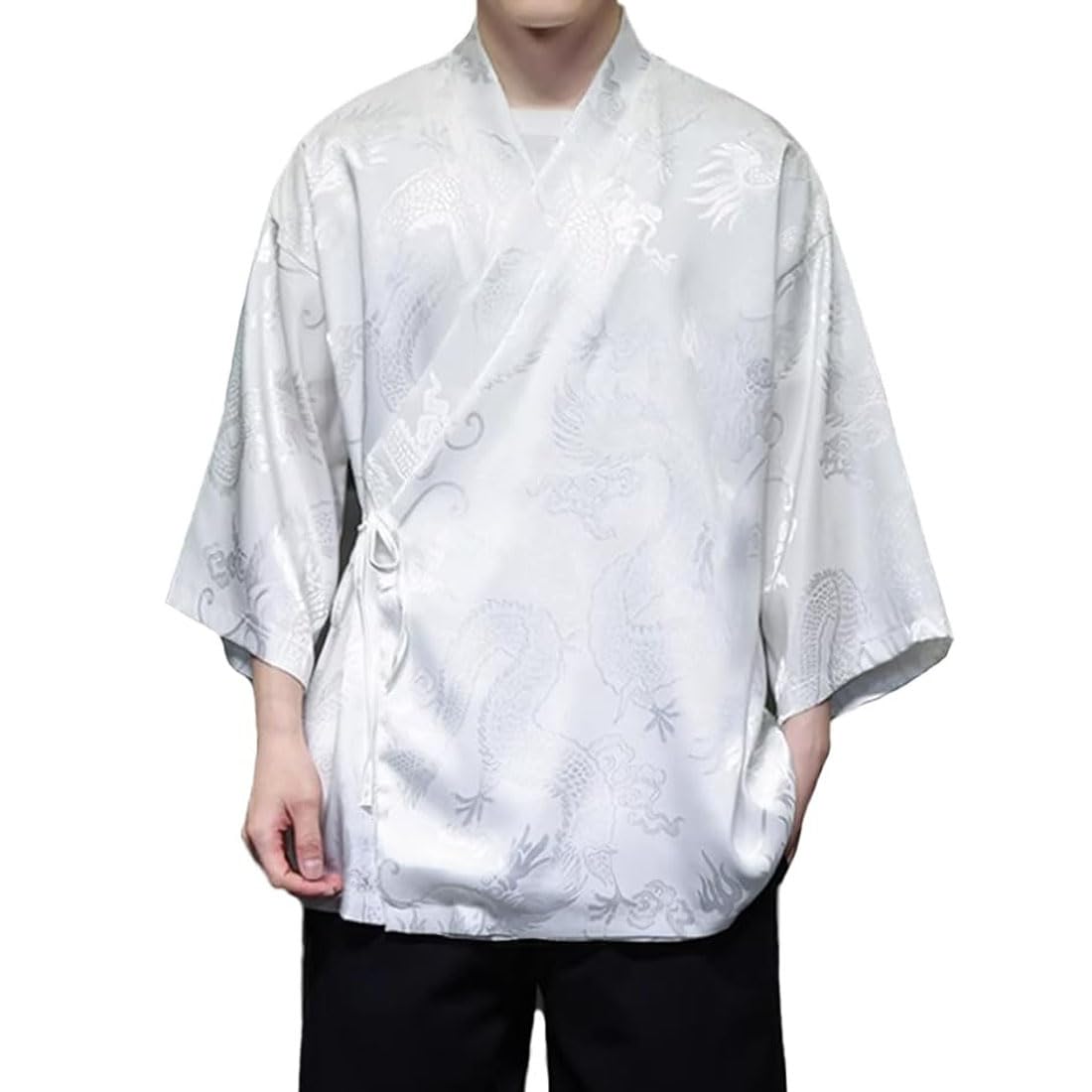 HZCX FASHION Cardigan Kimono for Men Black Silk Satin Robe Mens Lightweight Traditional Hanfu Silky Chinese Dragon Shirt