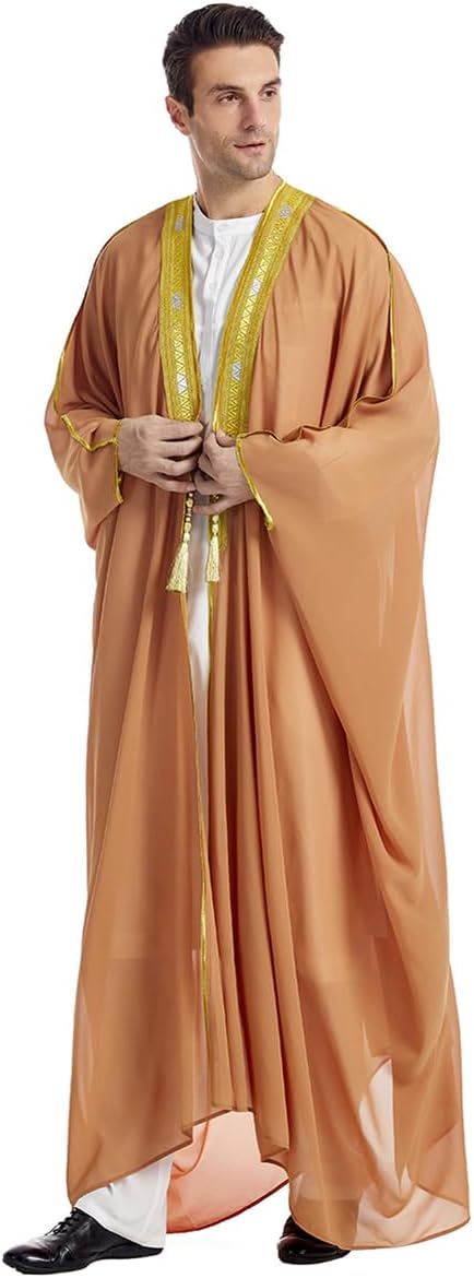 Muslim Thobe for Men Kaftan Robe Ramadan Abaya Prayer Dress Chiffon Open Front Embroidered Cardigan Islam Dubai Thobe Kimono