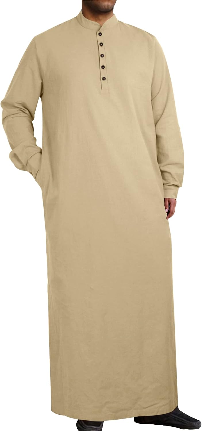 YAOHUOLE Muslim Thobe for Men Button down Mens Caftans Big and Tall Mens Arab Thobe with Pocket