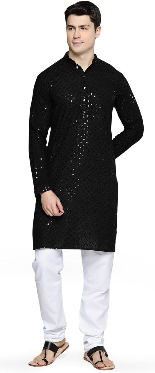 Maple Clothing Sequined Indian Cotton Men's Kurta Pajama Chikankari Embroidered Wedding Guest Outfit