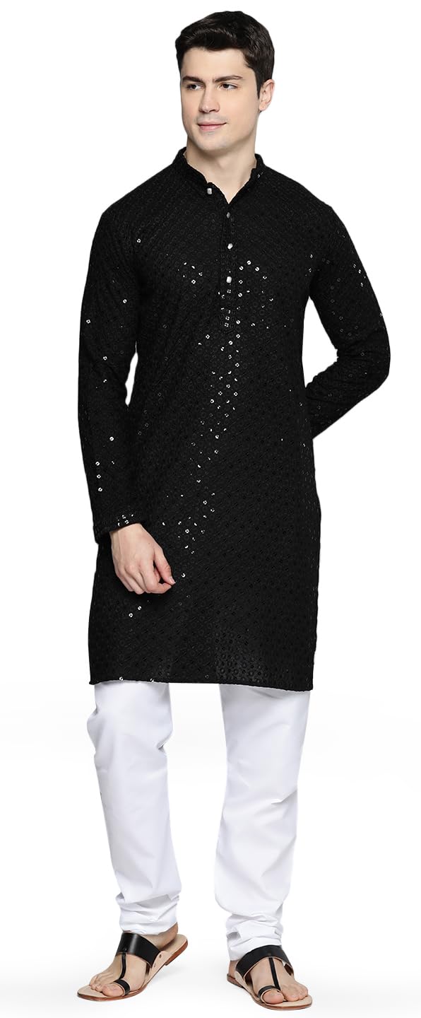 Maple Clothing Sequined Indian Cotton Men's Kurta Pajama Chikankari Embroidered Wedding Guest Outfit