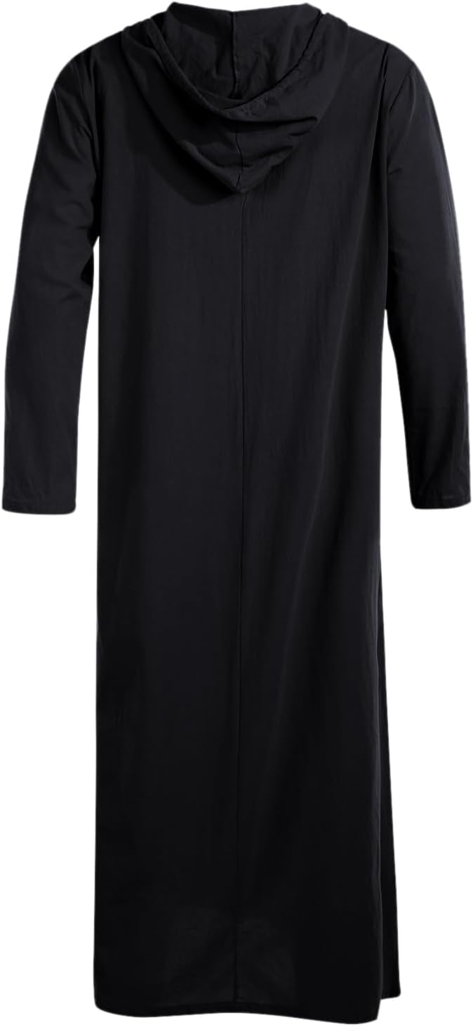 Jacansi Men's 65% Cotton 35% Linen Hooded Kaftan, Long Sleeve Button Down Thobe, Loose Casual Gown with Pockets