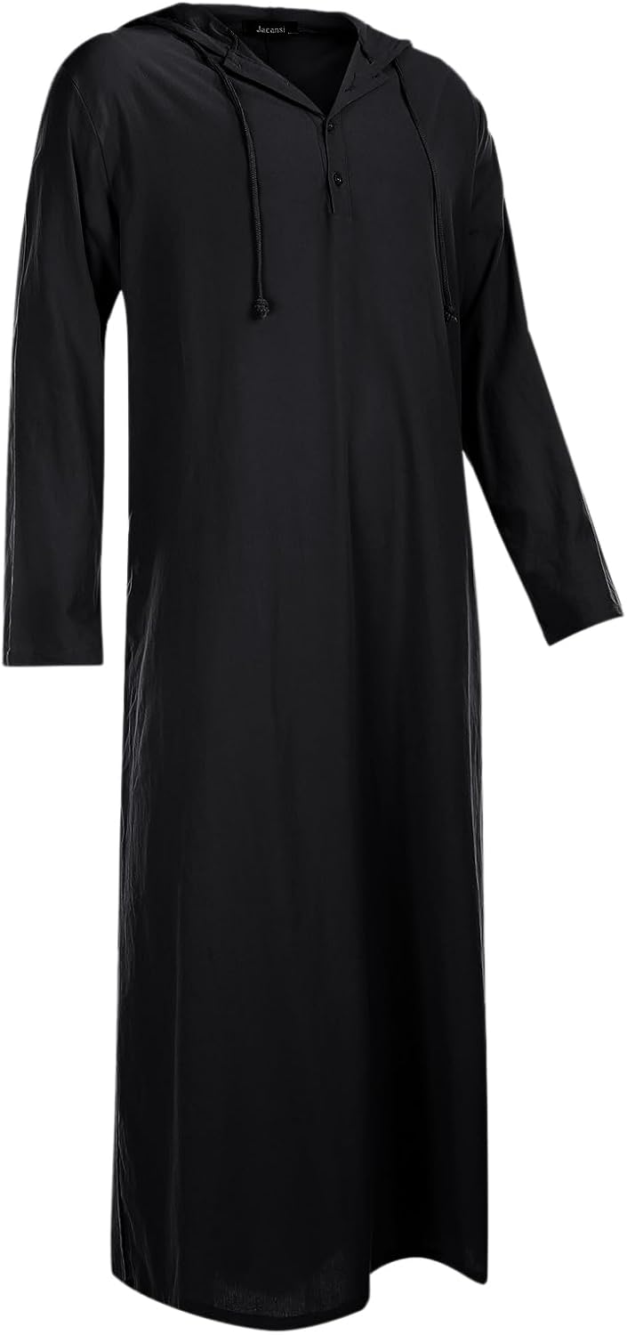 Jacansi Men's 65% Cotton 35% Linen Hooded Kaftan, Long Sleeve Button Down Thobe, Loose Casual Gown with Pockets