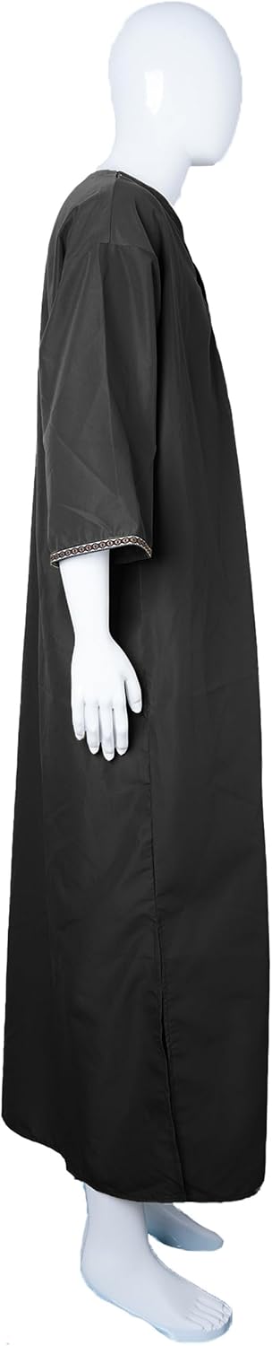 Mens Kaftan Thobe V-Neck Half Sleeve Muslim Robe Dubai Long Gown Saudi Arab Thobe Robes for Summer Beach