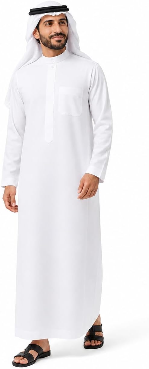 JPXH Mens Muslim Thobe Arab Robe Long Sleeve Islamic Kaftan with Pocket
