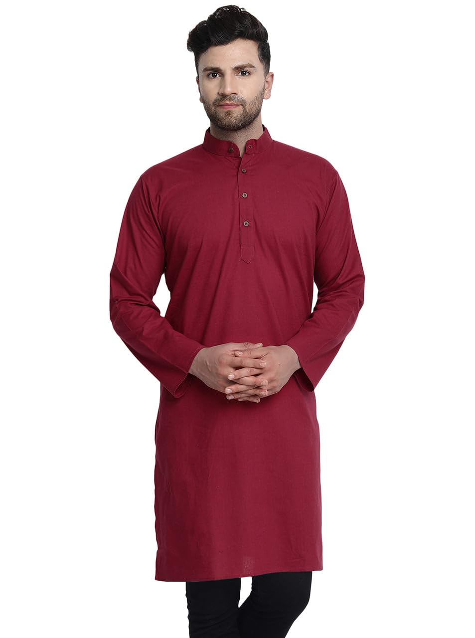 In-Sattva Men's Indian Classic Banded Collar Pure Cotton Long Kurta Tunic