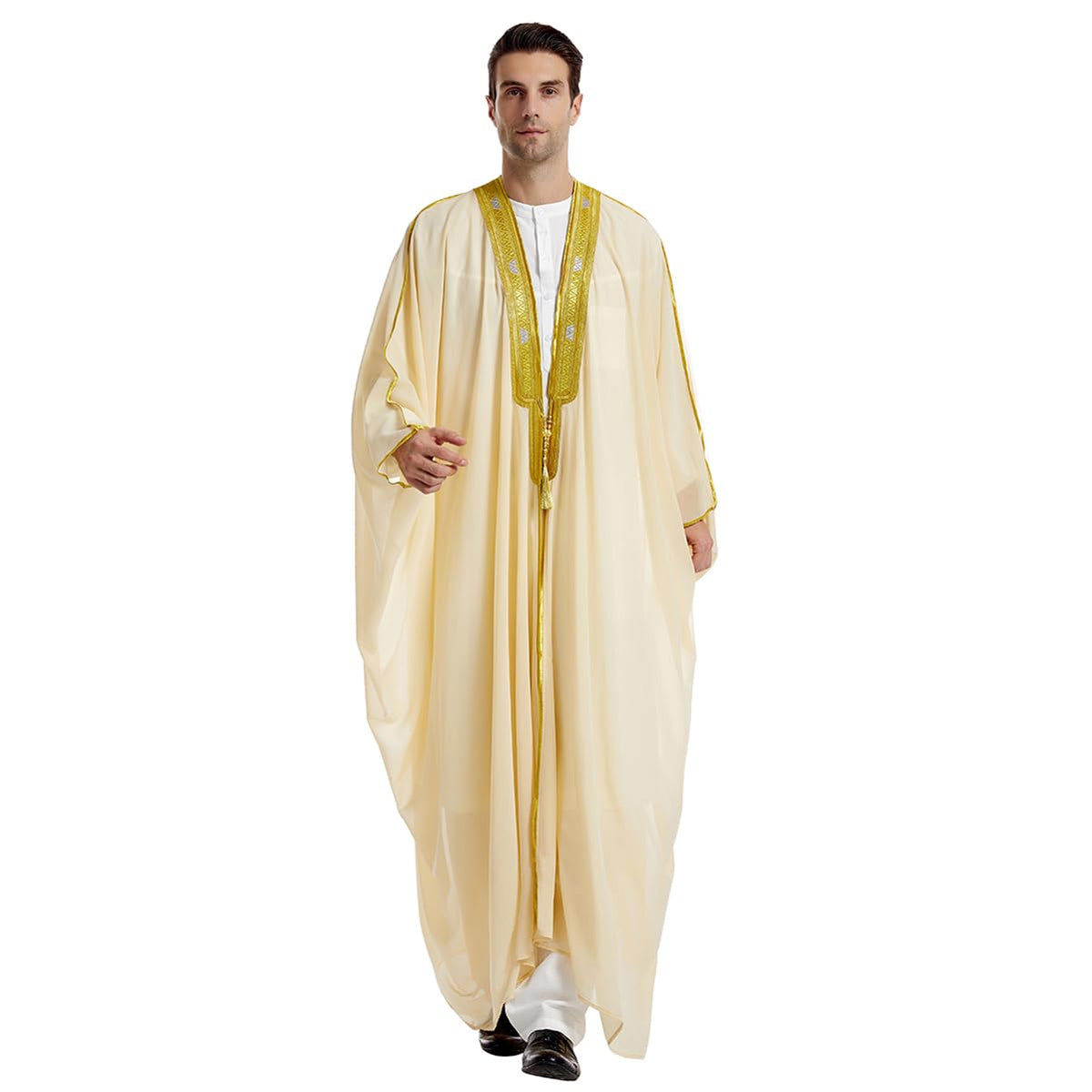 Muslim Thobe for Men Kaftan Robe Ramadan Abaya Prayer Dress Chiffon Open Front Embroidered Cardigan Islam Dubai Thobe Kimono