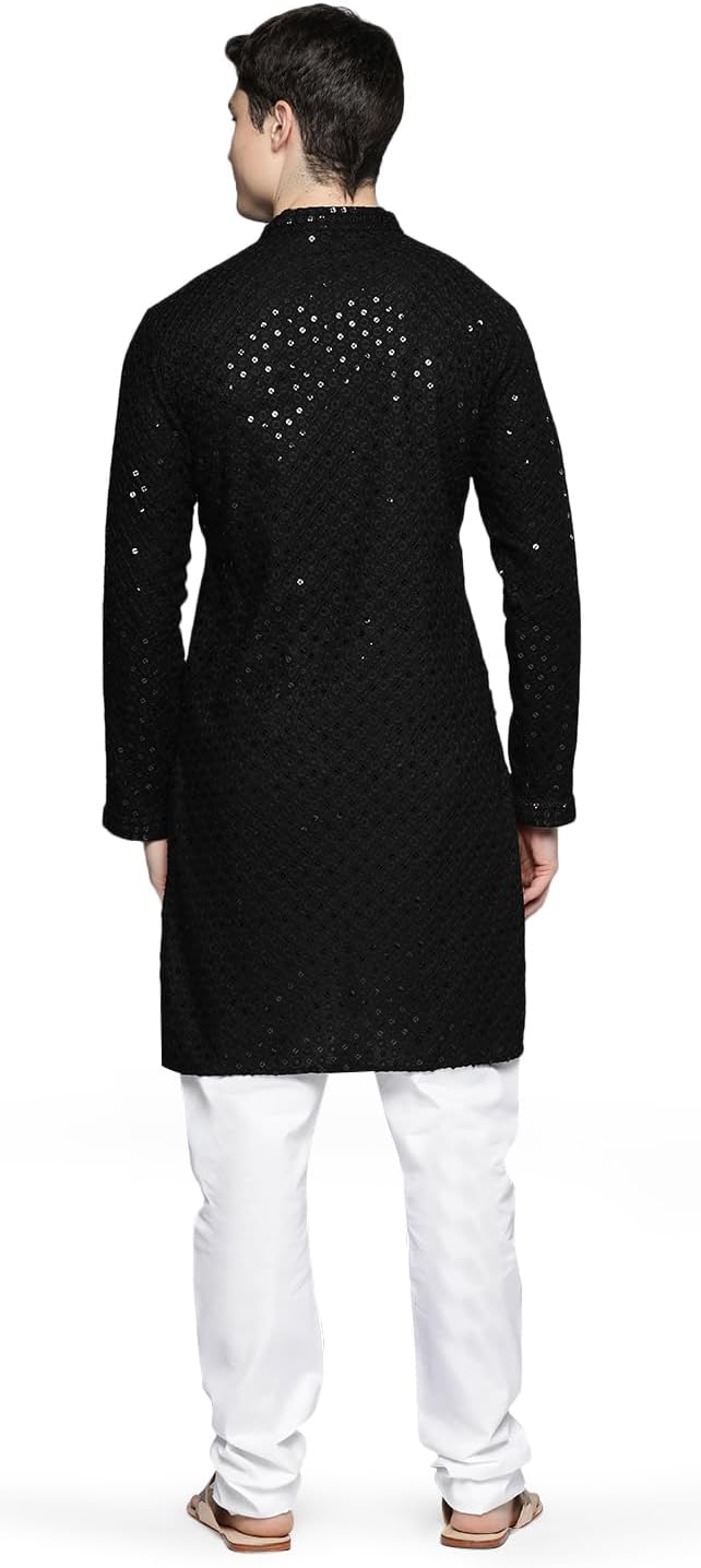 Maple Clothing Sequined Indian Cotton Men's Kurta Pajama Chikankari Embroidered Wedding Guest Outfit