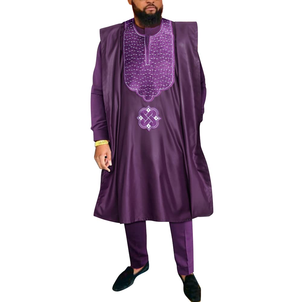 HD African Mens Apparel Agbada Clothing Embroidery Dashiki Shirts and Pants Outfits 3 Pieces