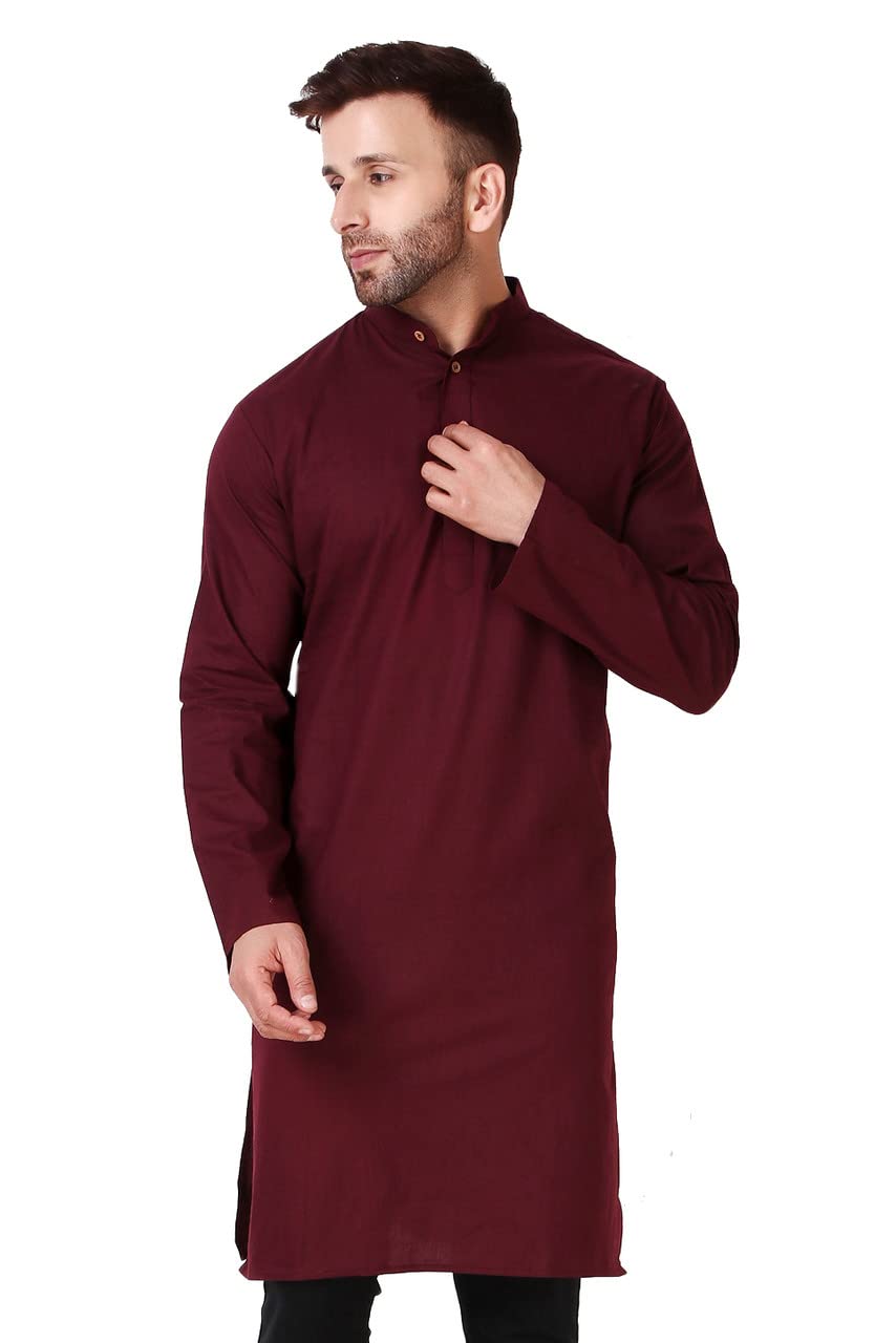 In-Sattva Men's Indian Classic Banded Collar Pure Cotton Long Kurta Tunic