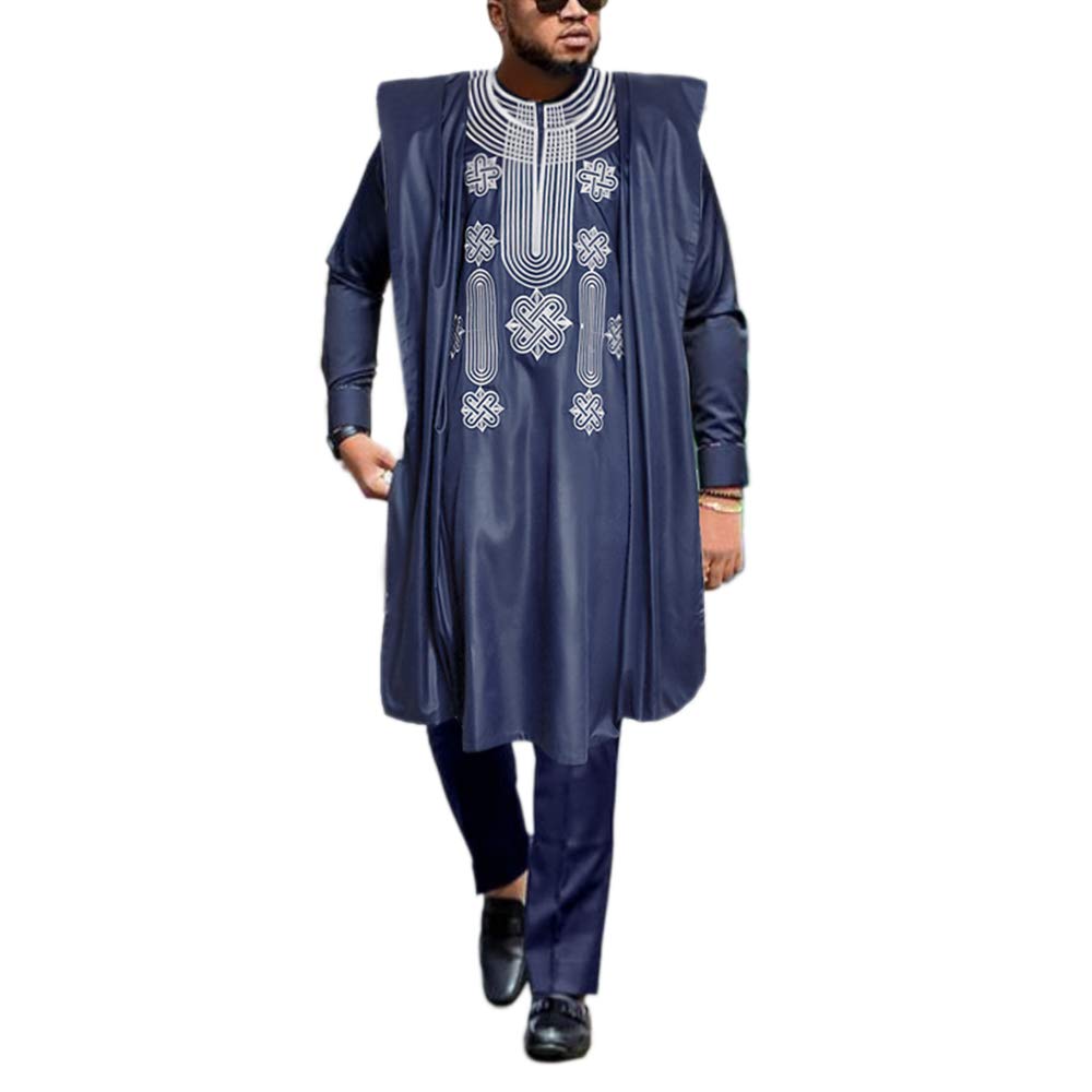 HD African Mens Apparel Agbada Clothing Embroidery Dashiki Shirts and Pants Outfits 3 Pieces