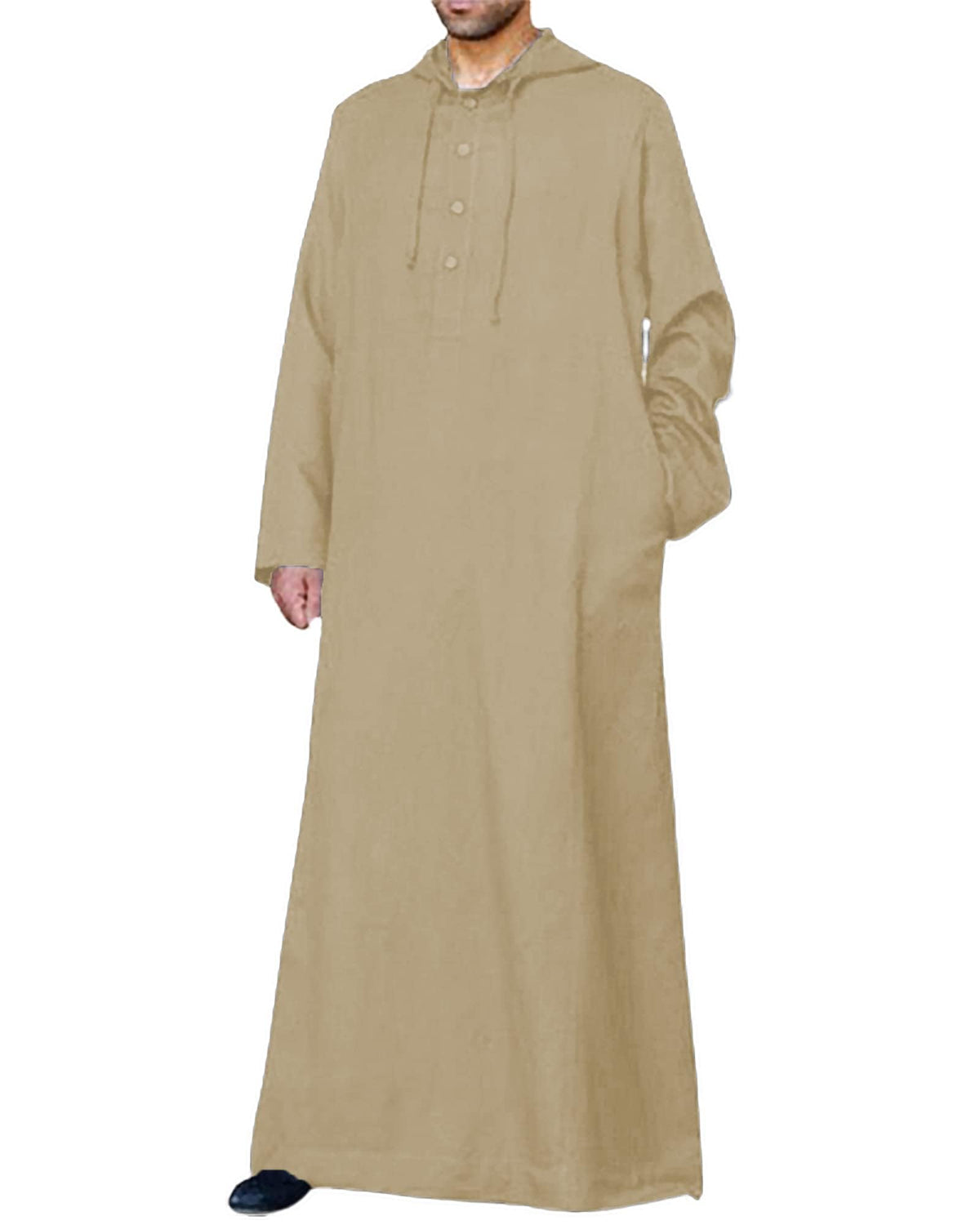 Jacansi Men's 65% Cotton 35% Linen Hooded Kaftan, Long Sleeve Button Down Thobe, Loose Casual Gown with Pockets