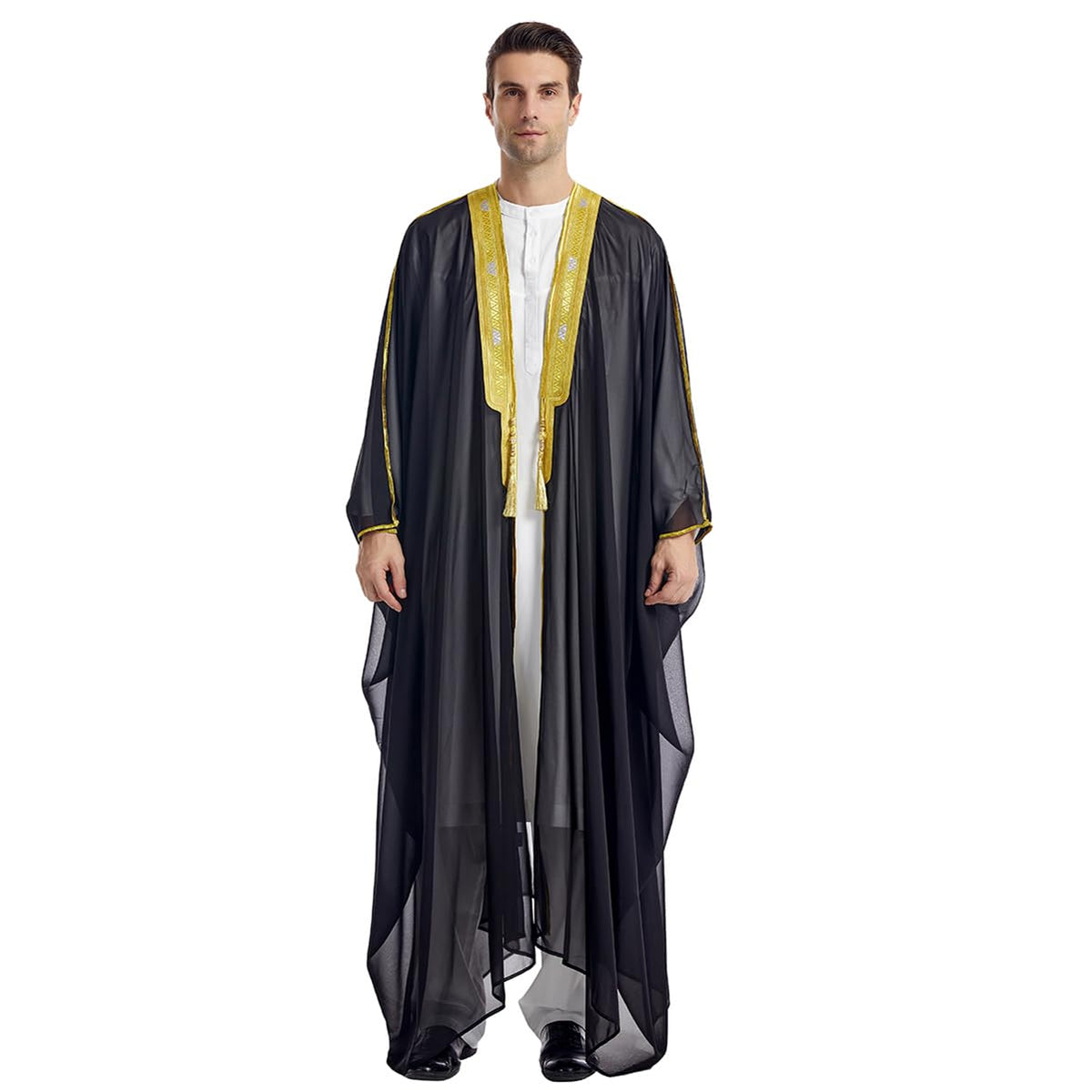 Muslim Thobe for Men Kaftan Robe Ramadan Abaya Prayer Dress Chiffon Open Front Embroidered Cardigan Islam Dubai Thobe Kimono