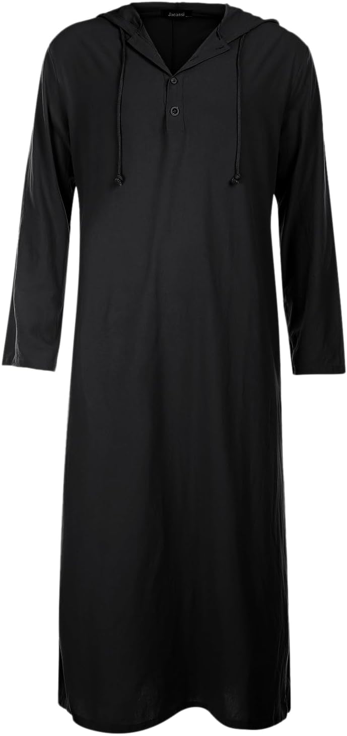 Jacansi Men's 65% Cotton 35% Linen Hooded Kaftan, Long Sleeve Button Down Thobe, Loose Casual Gown with Pockets