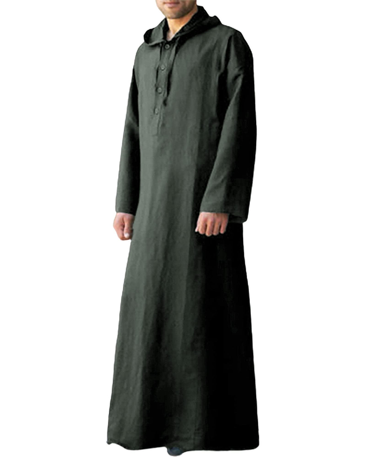 Jacansi Men's 65% Cotton 35% Linen Hooded Kaftan, Long Sleeve Button Down Thobe, Loose Casual Gown with Pockets