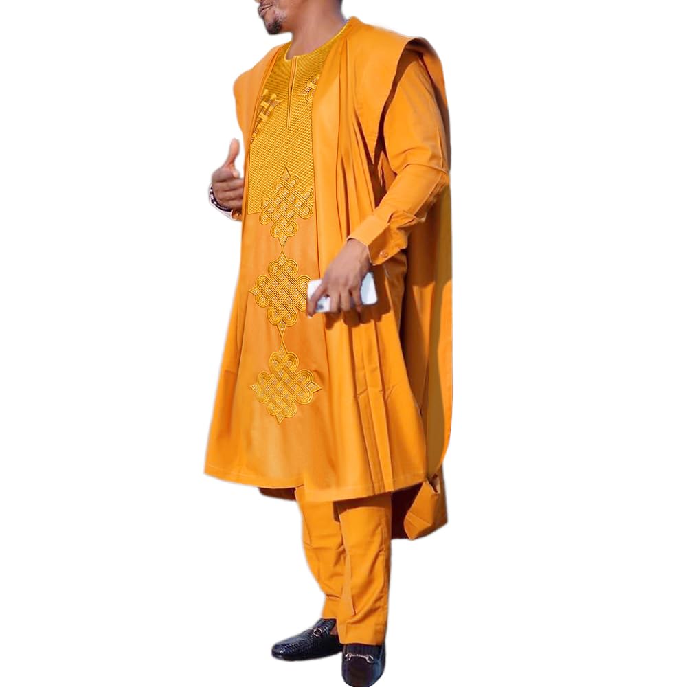 HD African Mens Apparel Agbada Clothing Embroidery Dashiki Shirts and Pants Outfits 3 Pieces