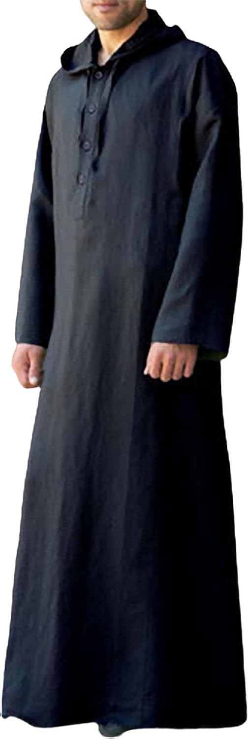 Jacansi Men's 65% Cotton 35% Linen Hooded Kaftan, Long Sleeve Button Down Thobe, Loose Casual Gown with Pockets