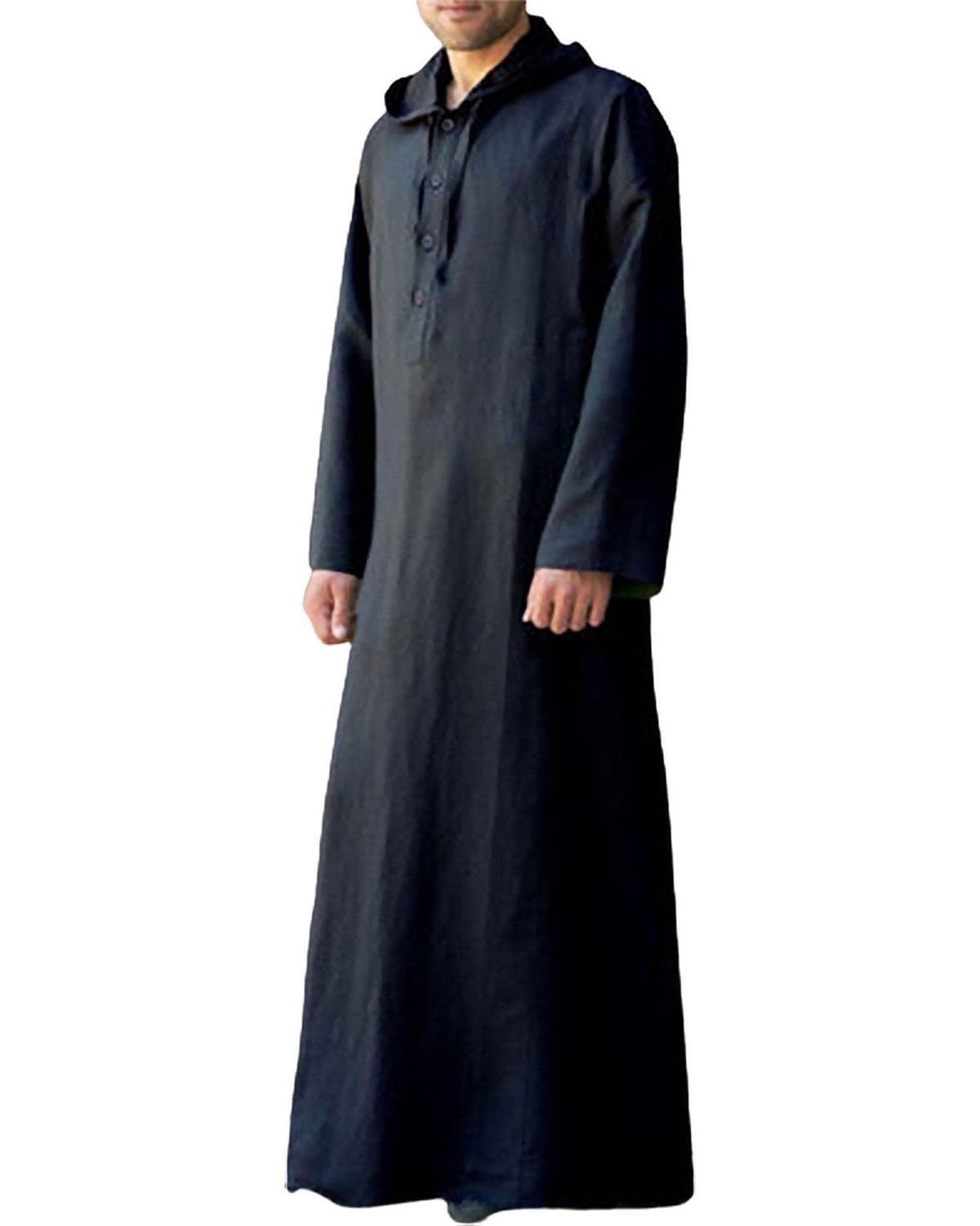 Jacansi Men's 65% Cotton 35% Linen Hooded Kaftan, Long Sleeve Button Down Thobe, Loose Casual Gown with Pockets
