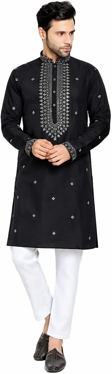 Maple Clothing Embroidered Kurta for Men Silk Blend Designer Neck Sequin Indian Wedding Ethnic Outfit