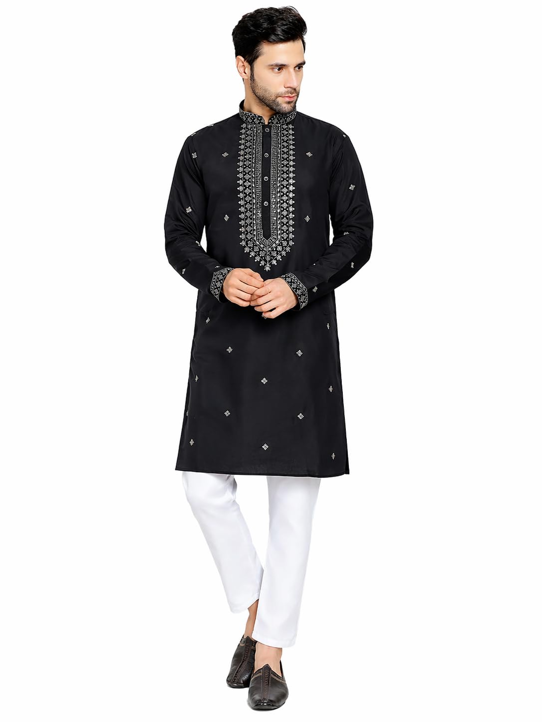 Maple Clothing Embroidered Kurta for Men Silk Blend Designer Neck Sequin Indian Wedding Ethnic Outfit
