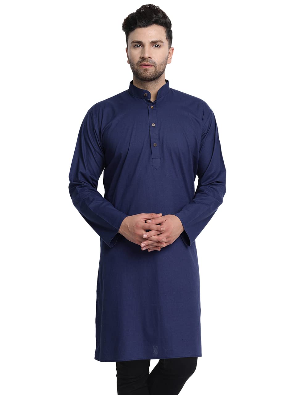 In-Sattva Men's Indian Classic Banded Collar Pure Cotton Long Kurta Tunic
