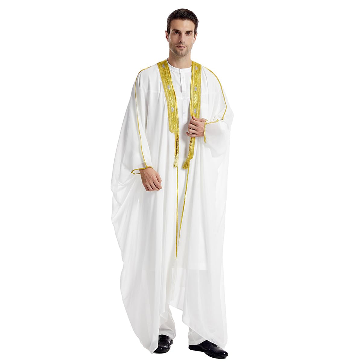 Muslim Thobe for Men Kaftan Robe Ramadan Abaya Prayer Dress Chiffon Open Front Embroidered Cardigan Islam Dubai Thobe Kimono