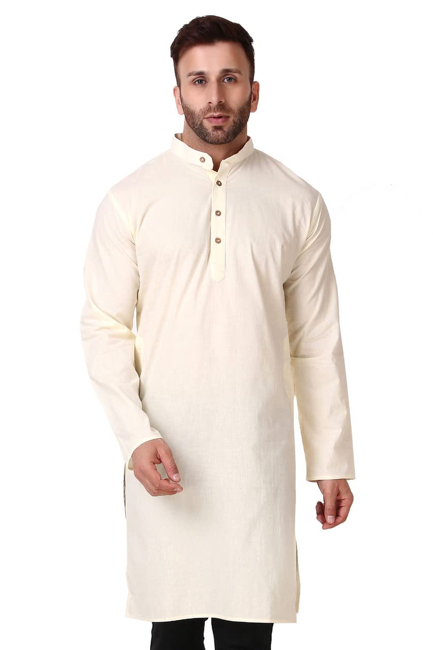 In-Sattva Men's Indian Classic Banded Collar Pure Cotton Long Kurta Tunic