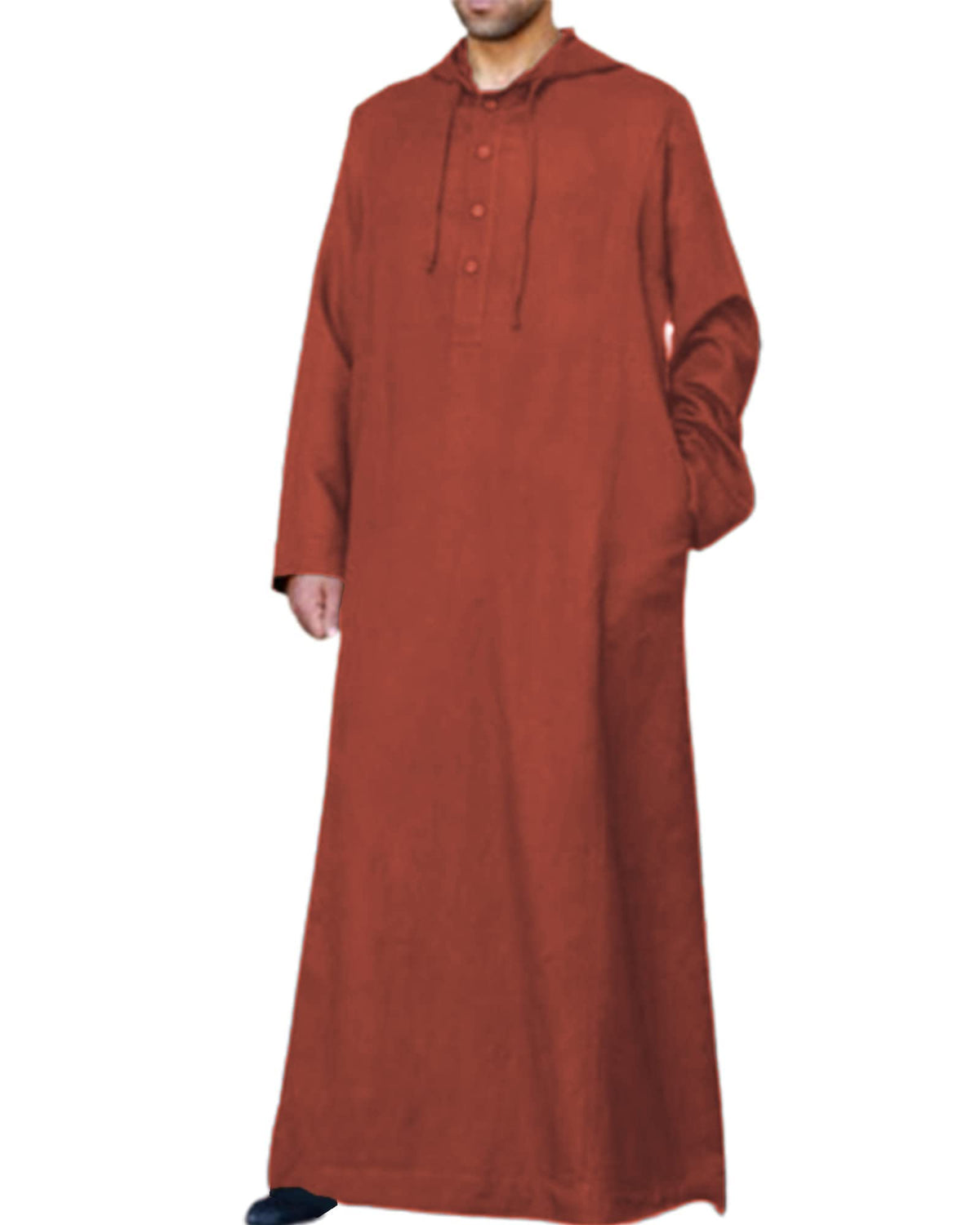 Jacansi Men's 65% Cotton 35% Linen Hooded Kaftan, Long Sleeve Button Down Thobe, Loose Casual Gown with Pockets