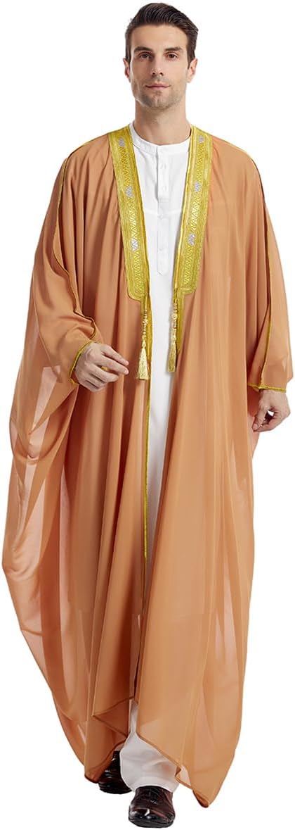 Muslim Thobe for Men Kaftan Robe Ramadan Abaya Prayer Dress Chiffon Open Front Embroidered Cardigan Islam Dubai Thobe Kimono