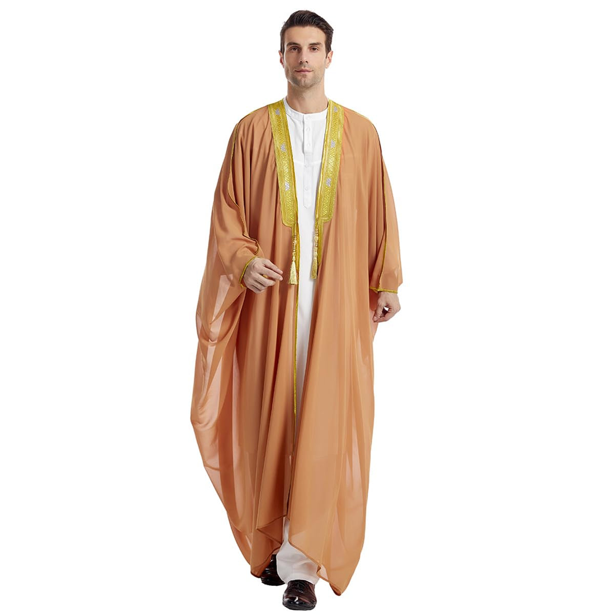 Muslim Thobe for Men Kaftan Robe Ramadan Abaya Prayer Dress Chiffon Open Front Embroidered Cardigan Islam Dubai Thobe Kimono