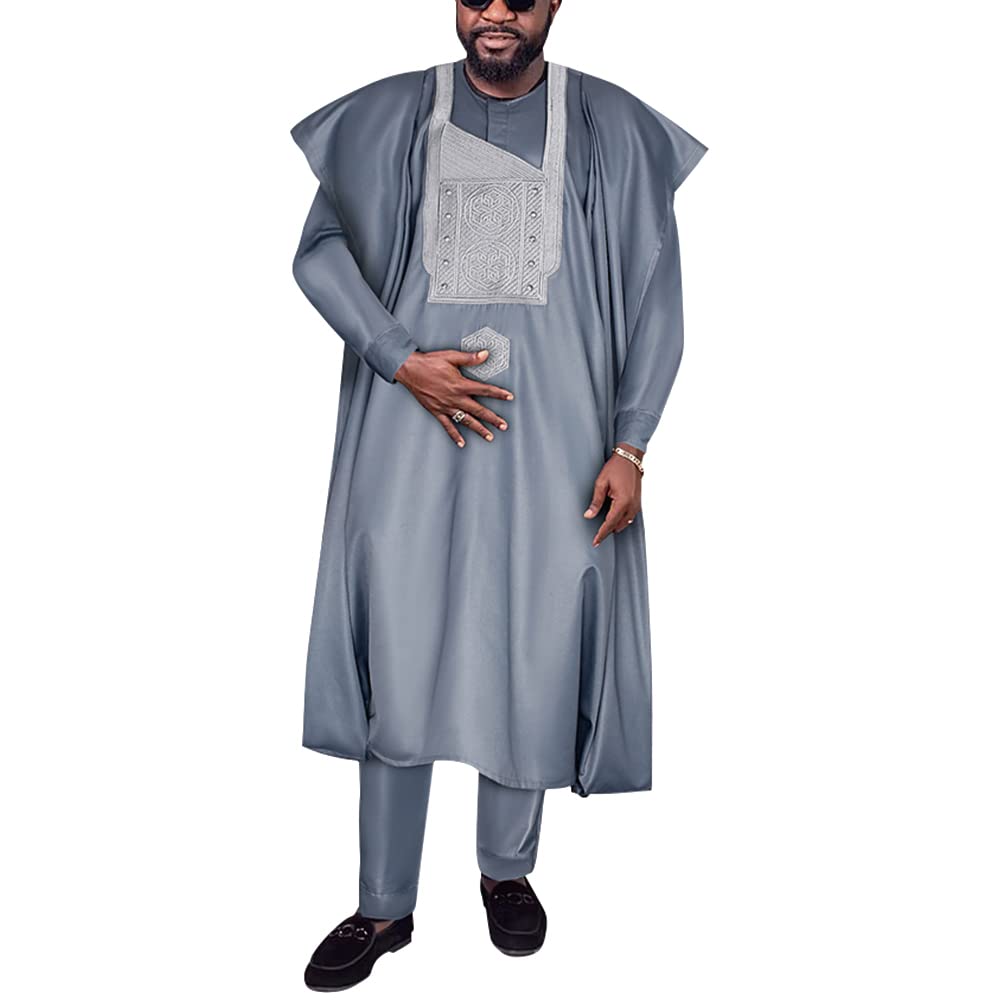 HD African Mens Apparel Agbada Clothing Embroidery Dashiki Shirts and Pants Outfits 3 Pieces