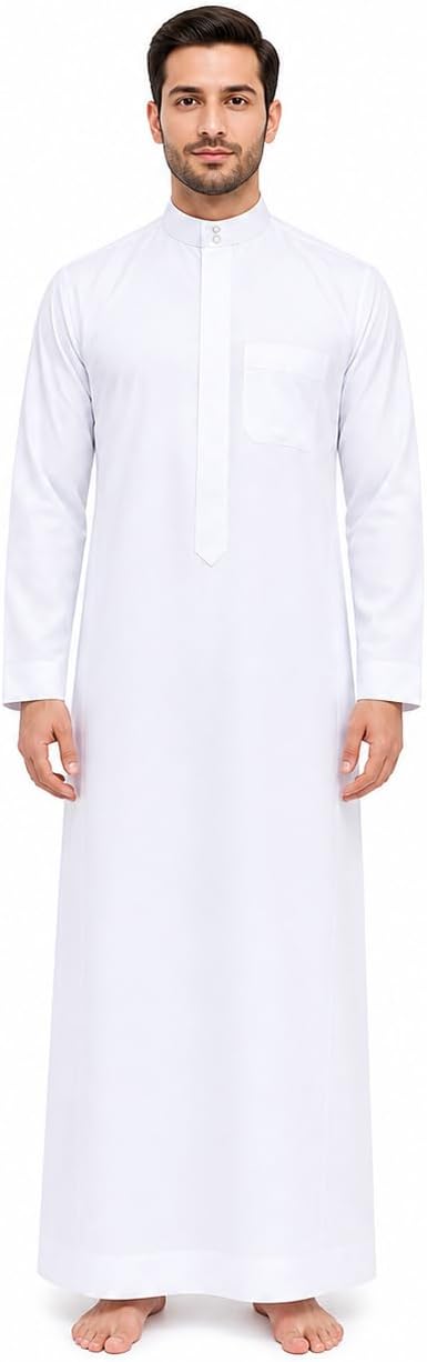 MCJC Men's White Muslim Thobe Long Sleeve Arab Kaftan Robe with Pocket