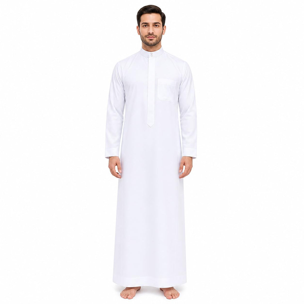 MCJC Men's White Muslim Thobe Long Sleeve Arab Kaftan Robe with Pocket