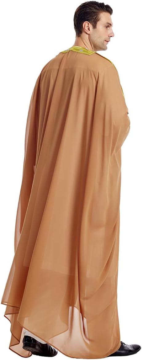 Muslim Thobe for Men Kaftan Robe Ramadan Abaya Prayer Dress Chiffon Open Front Embroidered Cardigan Islam Dubai Thobe Kimono