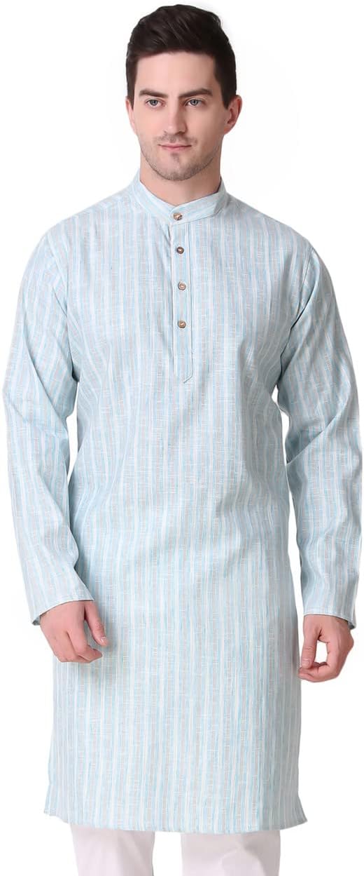 In-Sattva Men's Indian Classic Banded Collar Pure Cotton Long Kurta Tunic