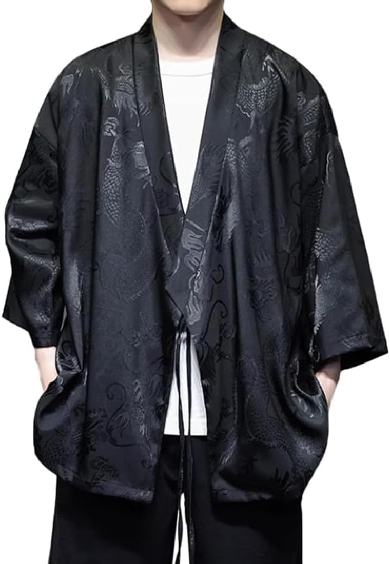 HZCX FASHION Cardigan Kimono for Men Black Silk Satin Robe Mens Lightweight Traditional Hanfu Silky Chinese Dragon Shirt
