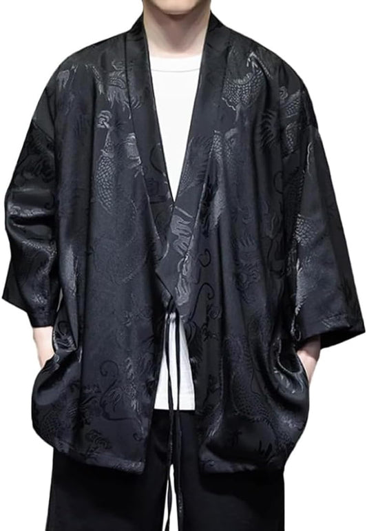 HZCX FASHION Cardigan Kimono for Men Black Silk Satin Robe Mens Lightweight Traditional Hanfu Silky Chinese Dragon Shirt