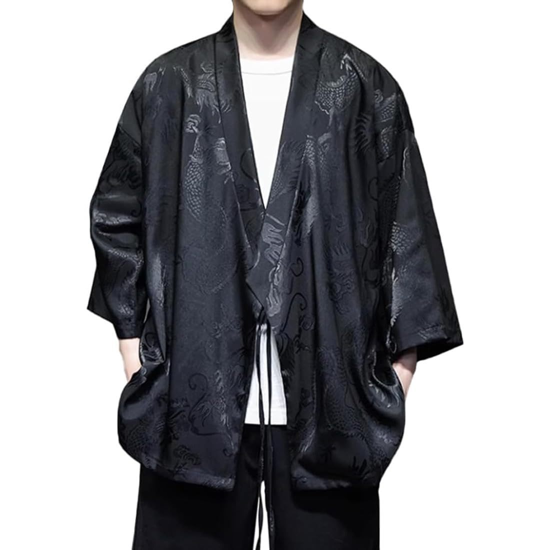 HZCX FASHION Cardigan Kimono for Men Black Silk Satin Robe Mens Lightweight Traditional Hanfu Silky Chinese Dragon Shirt