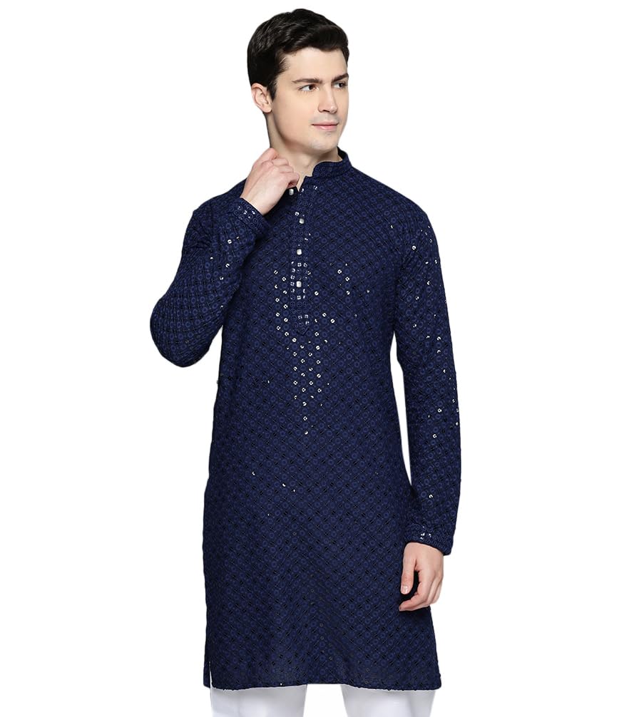 Maple Clothing Sequined Indian Cotton Men's Kurta Pajama Chikankari Embroidered Wedding Guest Outfit