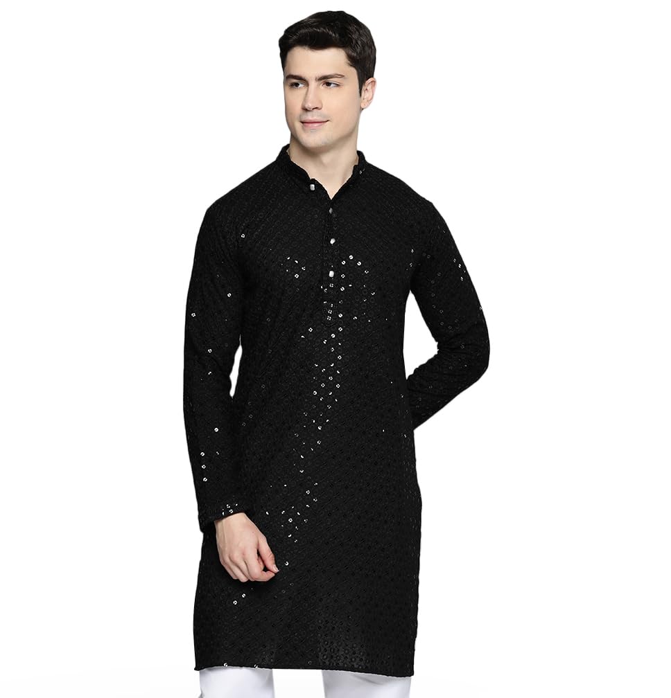 Maple Clothing Sequined Indian Cotton Men's Kurta Pajama Chikankari Embroidered Wedding Guest Outfit