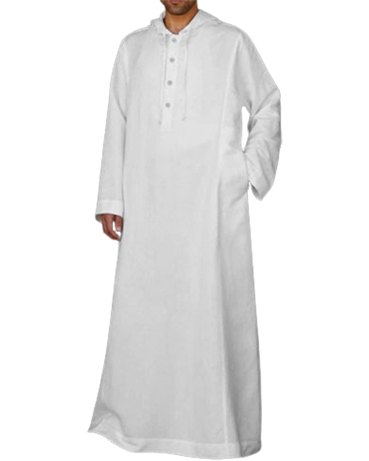 Jacansi Men's 65% Cotton 35% Linen Hooded Kaftan, Long Sleeve Button Down Thobe, Loose Casual Gown with Pockets