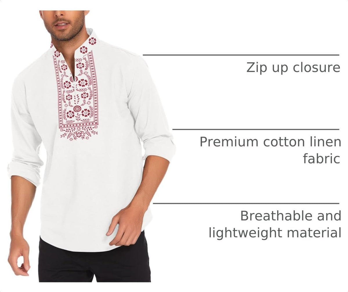 COOFANDY Men's Henley Shirt Vyshyvanka Long Sleeve African Print Shirts Casual Zip Up Cotton Linen Beach Hippie Shirt